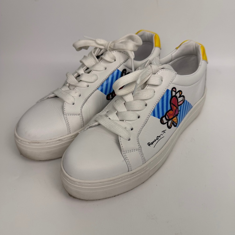 Britto Womens 8 Sneakers White Leather Butterfly‎ Art Print Yellow Accents